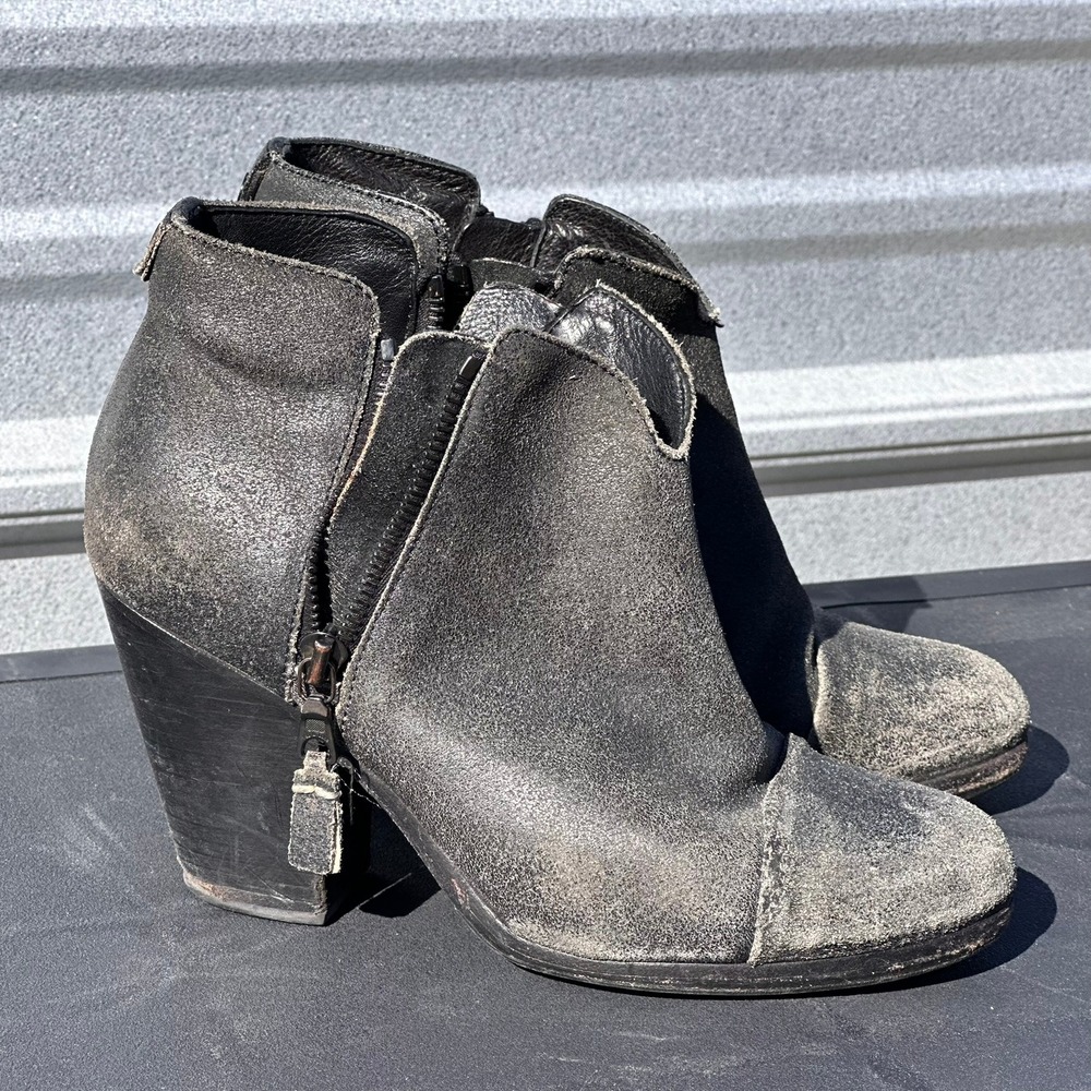 Rag & Bone Margot Distressed Black Suede Ankle Boots Block Heel EU 37 / US 7